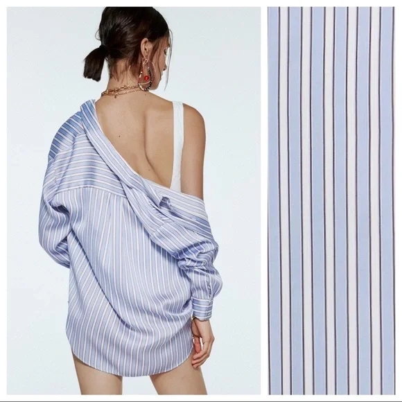 NWT. Zara Blue/White Stiped Satin Effect Blouse/Shirt. Size S. - Picture 5 of 11